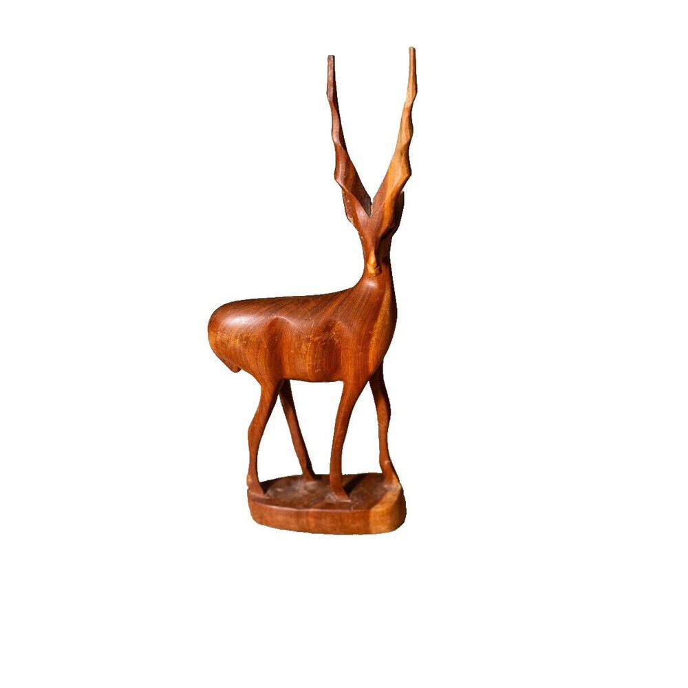 Mid Century Gazelle Impala Wooden Hand Carved Art‎ Sculpture Teak Wood Vintage